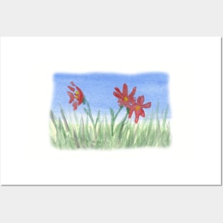 Three Red Flowers in Grass Posters and Art